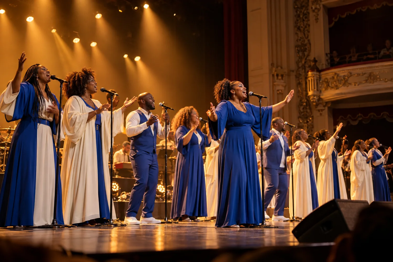 Chœur gospel sur scène sous des lumières dorées