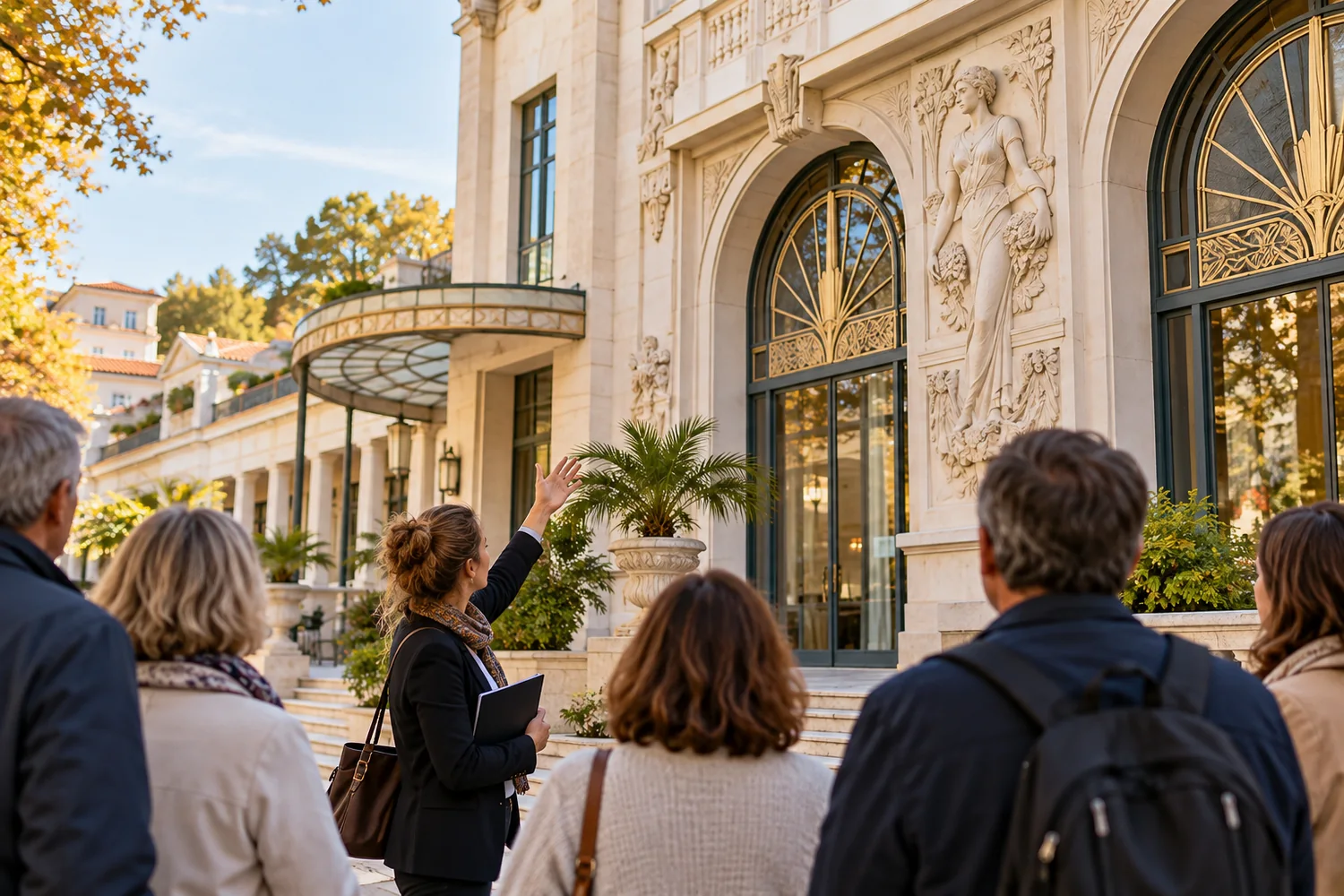 Visite guidée devant une façade Art déco de Dax